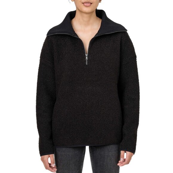NEW ELLE Looped Fleece Sweater 1/4 Zip Pullover Pockets Collar Blk - L - Picture 1 of 12